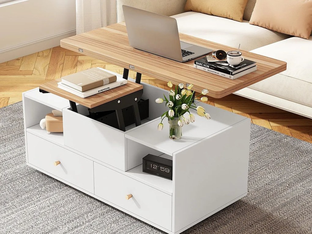 Stolik kawowy 100×50×47.5 cm - z funkcją składania - 4 szuflady - z obrotowymi kółkami - biały + naturalny