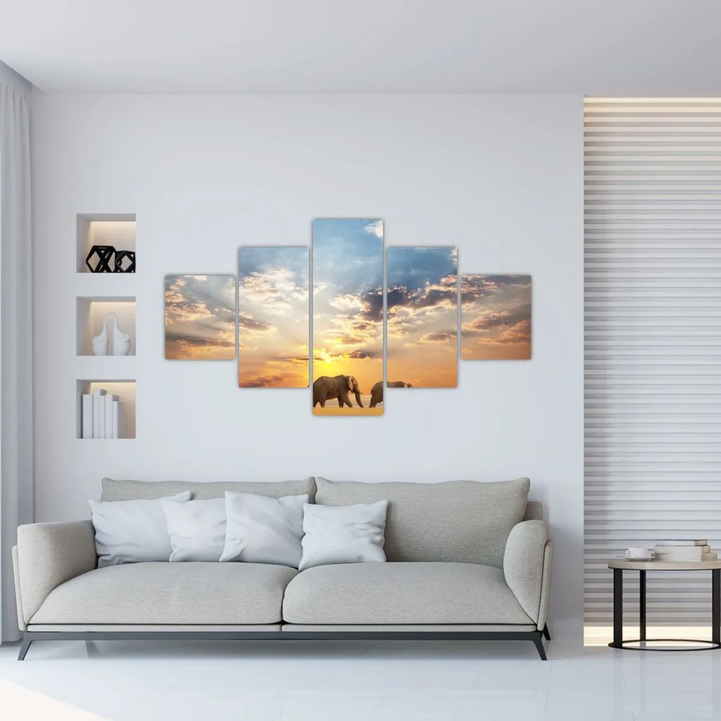 Obraz - Słonie wędrujące po sawannie (125x70 cm)