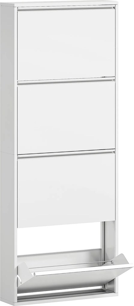 HOMCOM Wąska Biała Szafka na Buty Metalowa do 8 Par Butów z 4 Składanymi Szufladami, dla Przedpokoju, Biała