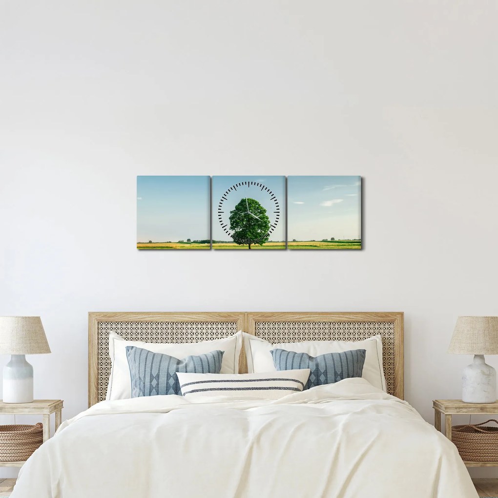 Obraz drzewa na łące (z zegarem) (90x30 cm)