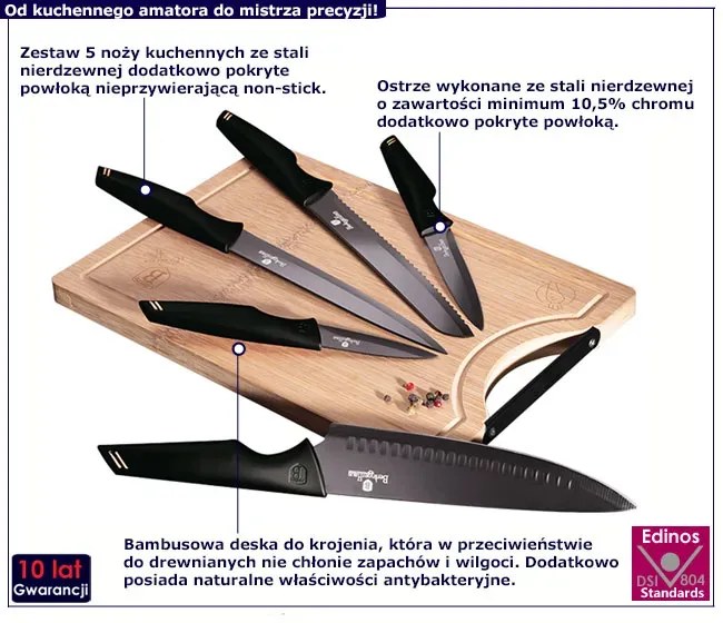 Czarne eleganckie noże 5 sztuk z deską do krojenia F6-G84