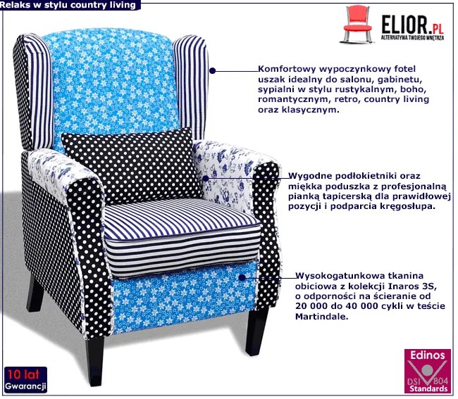 Tapicerowany patchworkowy fotel uszak G5-T35