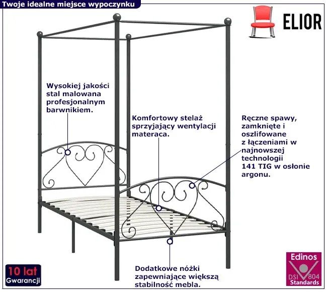 Szare metalowe łóżko z baldachimem 90x200 cm D6-G41
