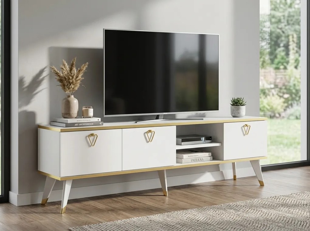Stolik RTV CAROL 160 cm, biały/złoty