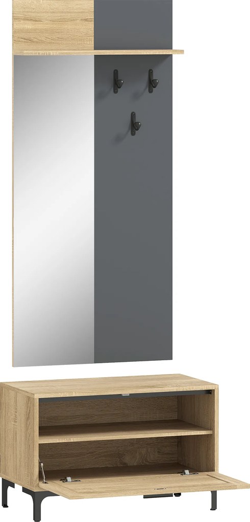HOMCOM Zestaw garderoby do przedpokoju, ławka na buty, lustro, 3 haczyki, otwarta półka, meble do przedpokoju, drewno naturalne+szary