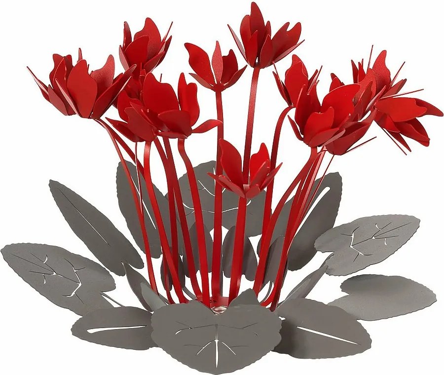 Dekoracyjna ozdoba Cyklamen Ø38 cm z żelaza w kolorze mud i czerwonym, nowoczesny wzór kwiatowy na stół lub do salonu, made in Italy