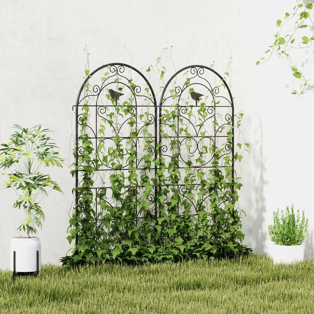 Metalowe Kratki na Róże 2 szt. Outsunny Zestaw, Odporny na Rdzę, dla Roślin Pnących z Motywem Ptaków 50x120 cm, Czarny