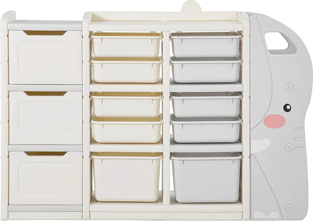 Szafka do Przechowywania Zabawek dla Dzieci SucceBuy, 4-poziomowa w Kształcie Słonia, z 10 Wyjmowanymi Plastikowymi Pojemnikami, do Pokoju Zabaw, Szara i Beżowa