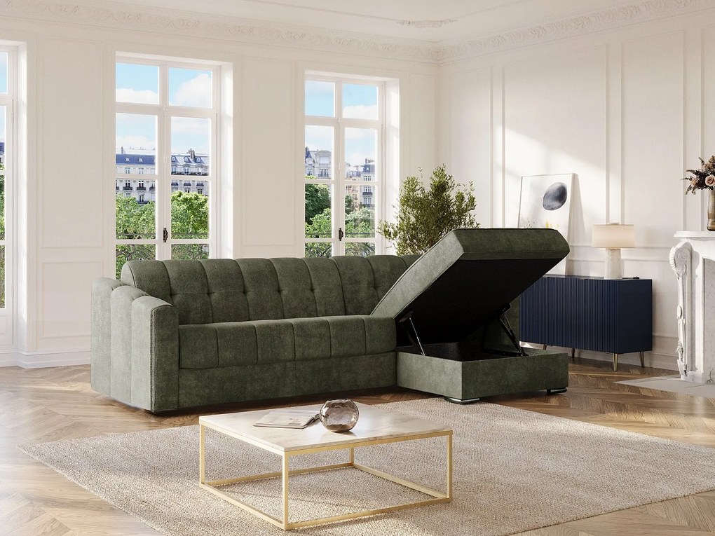 Kanapa narożna rozkładana typu express z tkaniny teksturowanej w kolorze zielonym khaki - Powierzchnia spania 140 cm - Materac 22 cm z pamięcią kształtu - DARIELO
