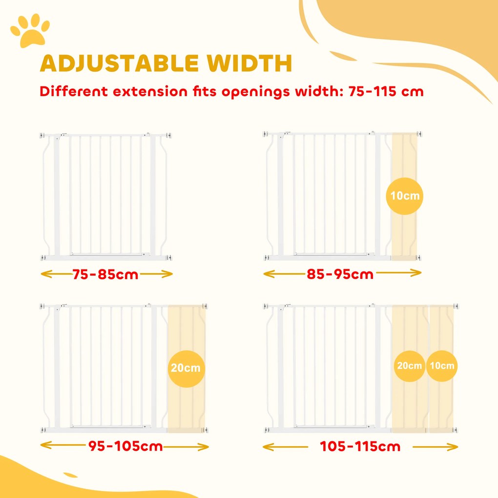 PawHut Bramka Ochronna dla Psów, Montaż na Zacisk, Regulowana Długość, Stal/ABS, 75-115 x 76cm, Biała