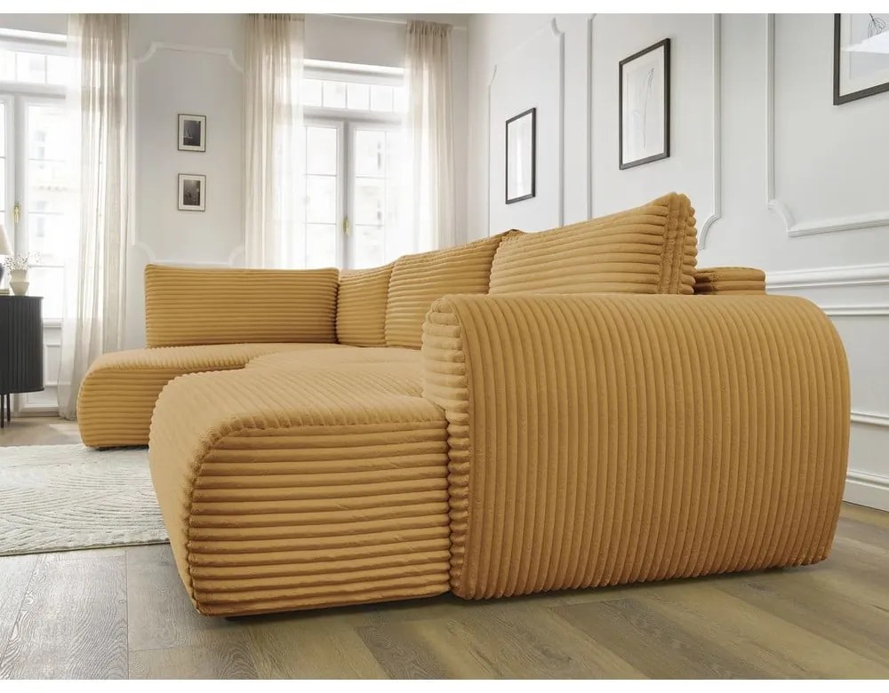 Musztardowy sztruksowy rozkładany/ze schowkiem narożnik (lewostronny/w kształcie litery U) Lucien – Bobochic Paris