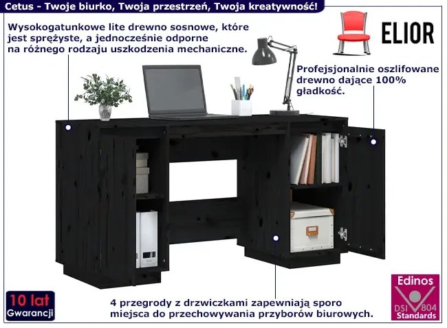 Czarne biurko z drewna sosnowego - Cetus