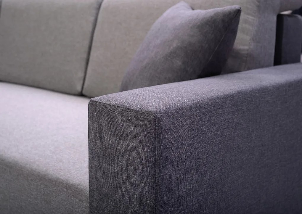 Sofa narożna z pojemnikiem na pościel i poduszkami dekoracyjnymi, fioletowo - szara, Marco