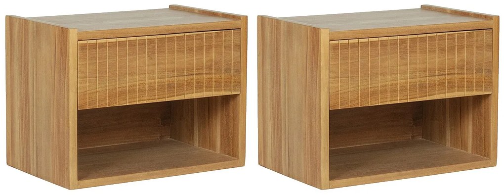 Zestaw 2 wiszących szafek nocnych z 1 szufladą i 1 niszą  - Drewno tekowe - Kolor: Naturalny - REVUKA