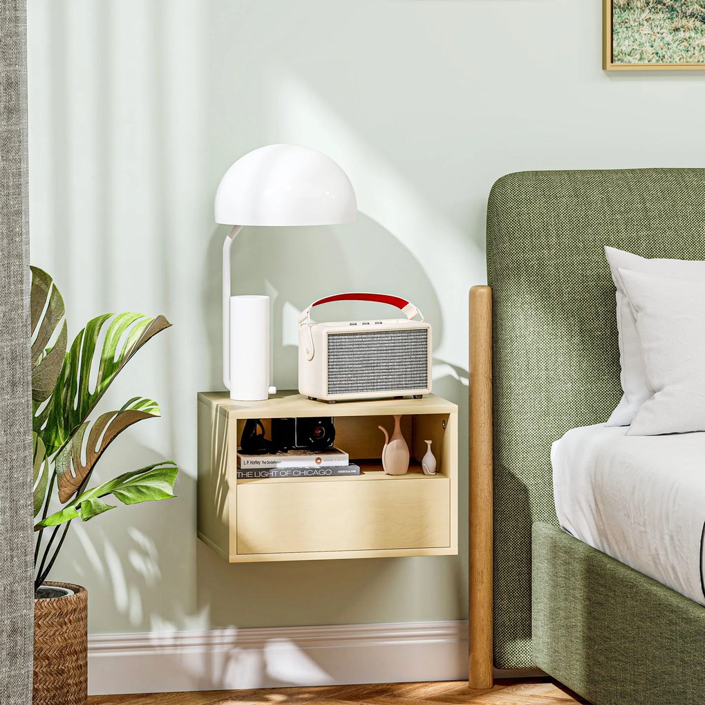 HOMCOM 2-częściowy zestaw wiszących stolików nocnych, Stolik nocny, Komoda nocna, Płyta wiórowa, Naturalny, 45 x 35 x 27,5 cm