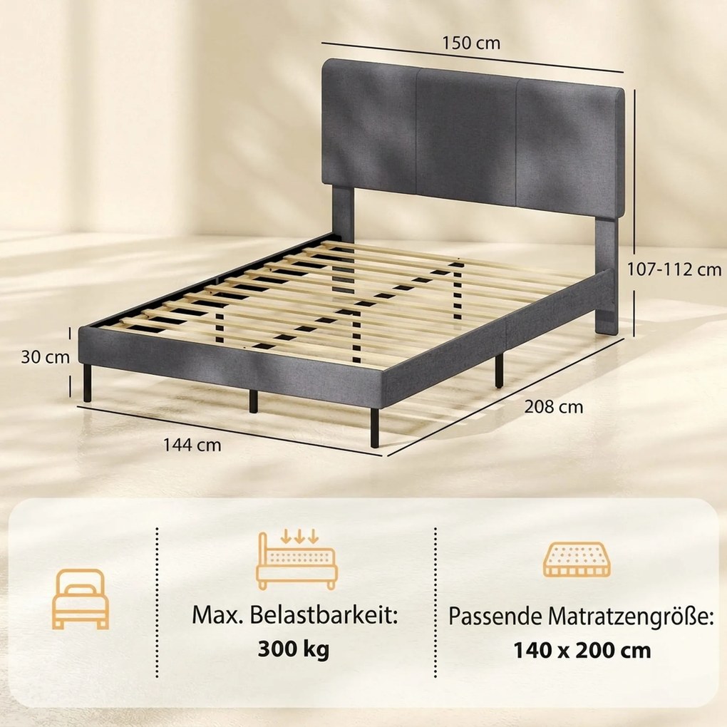 HOMCOM Stelaż łóżka 140 x 200 cm z regulowanym wezgłowiem, tapicerowane łóżko w wyglądzie lnu z 12 listwami | Aosom PL