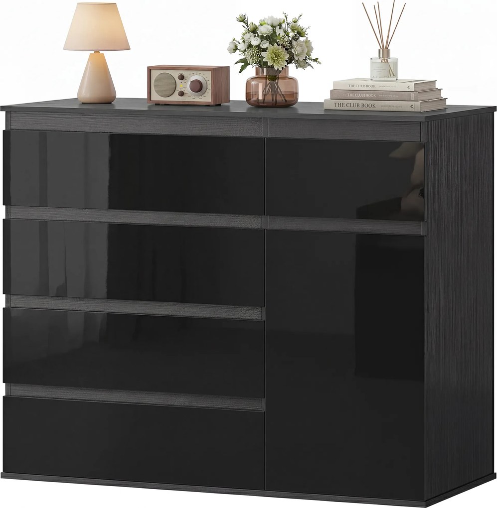 HOMCOM Nowoczesny sideboard, szafka do przechowywania z 5 szufladami, regulowaną półką, drzwiami z cichym domykiem, czarny połysk | Aosom PL