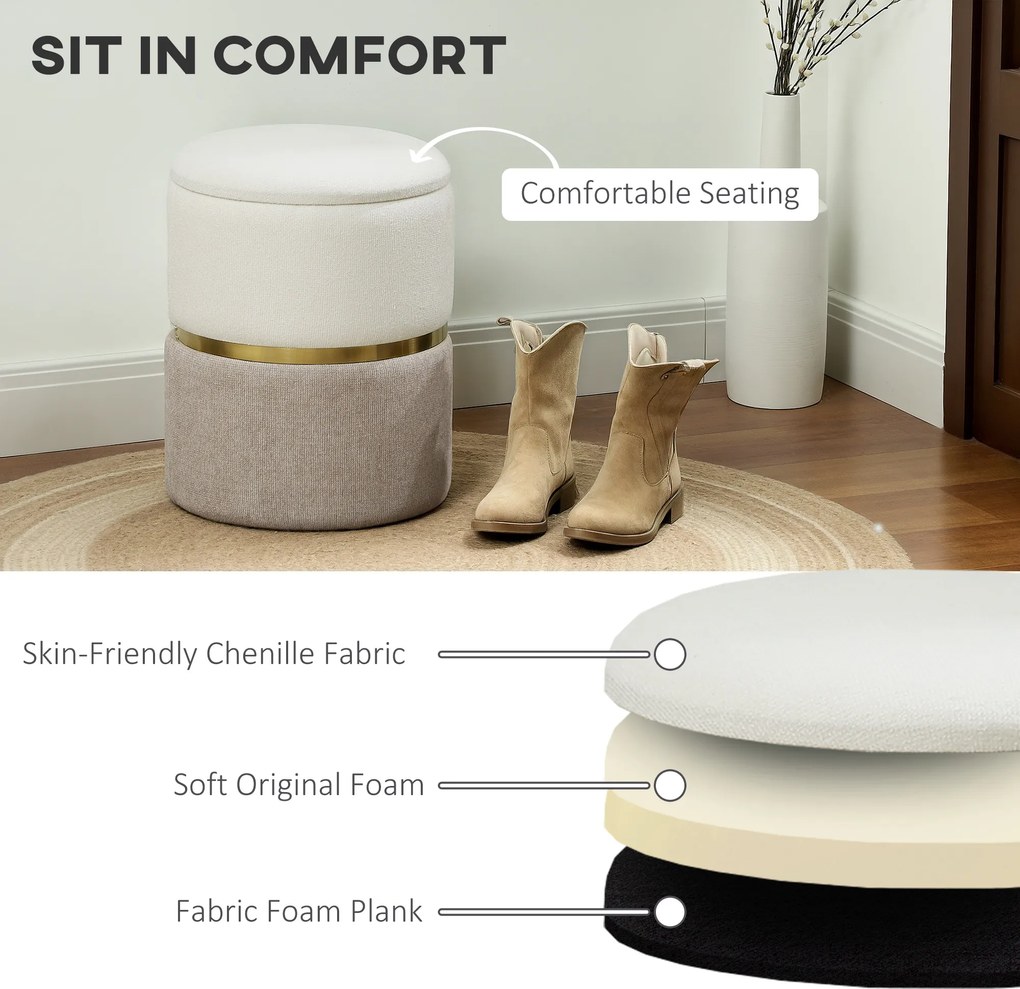 HOMCOM Taboret z miejscem do przechowywania, kremowy, z metalowym pierścieniem, dwukolorowy design, Ø36 x 44H cm