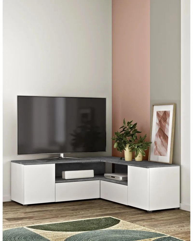 Biało-szara szafka pod TV w dekorze betonu 130x46 cm Angle – TemaHome