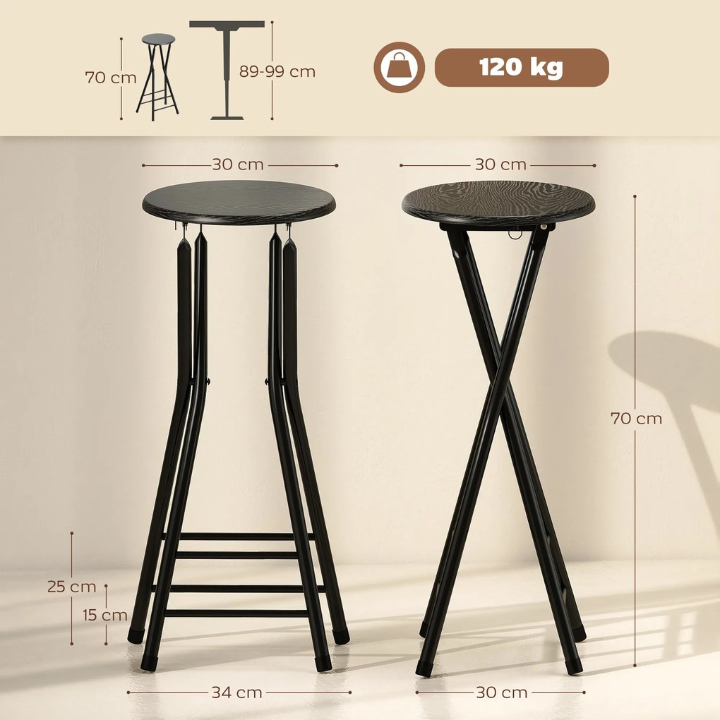 HOMCOM Stołki barowe 2 szt., składane krzesło barowe ze stalową ramą, krzesła kuchenne z podwójnym podnóżkiem 34 x 30 x 70 cm czarne | Aosom PL