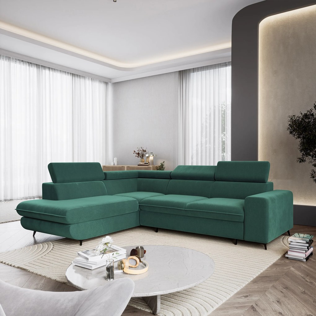 Masseno Narożnik VELISS z funkcją spania i pojemnikiem na pościel Narozniki L, Rozkładana sofa - Lazurowy, CASTEL 75