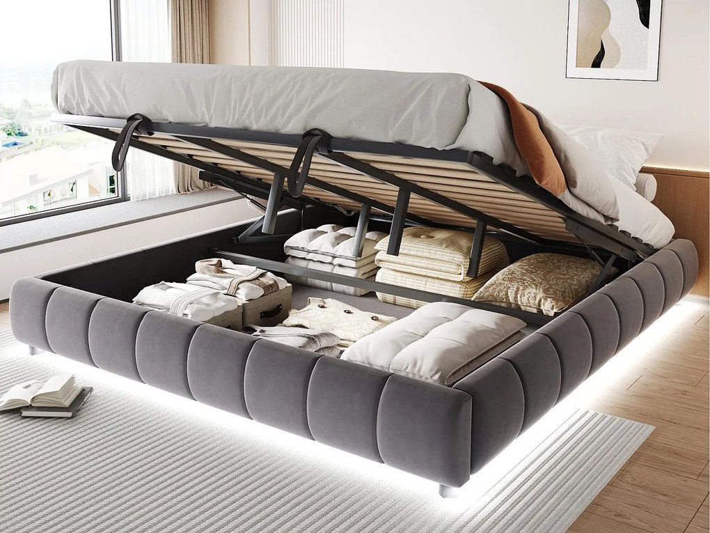 Tapicerowane łóżko ze schowkiem 180x200cm - z taśmą świetlną LED (jednolity kolor) - szare (materac nie wchodzi w zestaw)