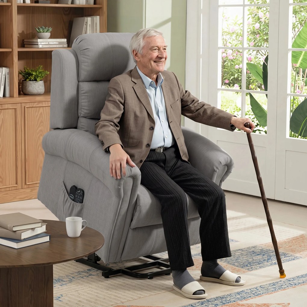 HOMCOM Fotel z funkcją Power-Lift, masażem wibracyjnym i ogrzewaniem, fotel z funkcją podnoszenia, port USB, kieszenie boczne i pilot, jasnoszary | Aosom PL