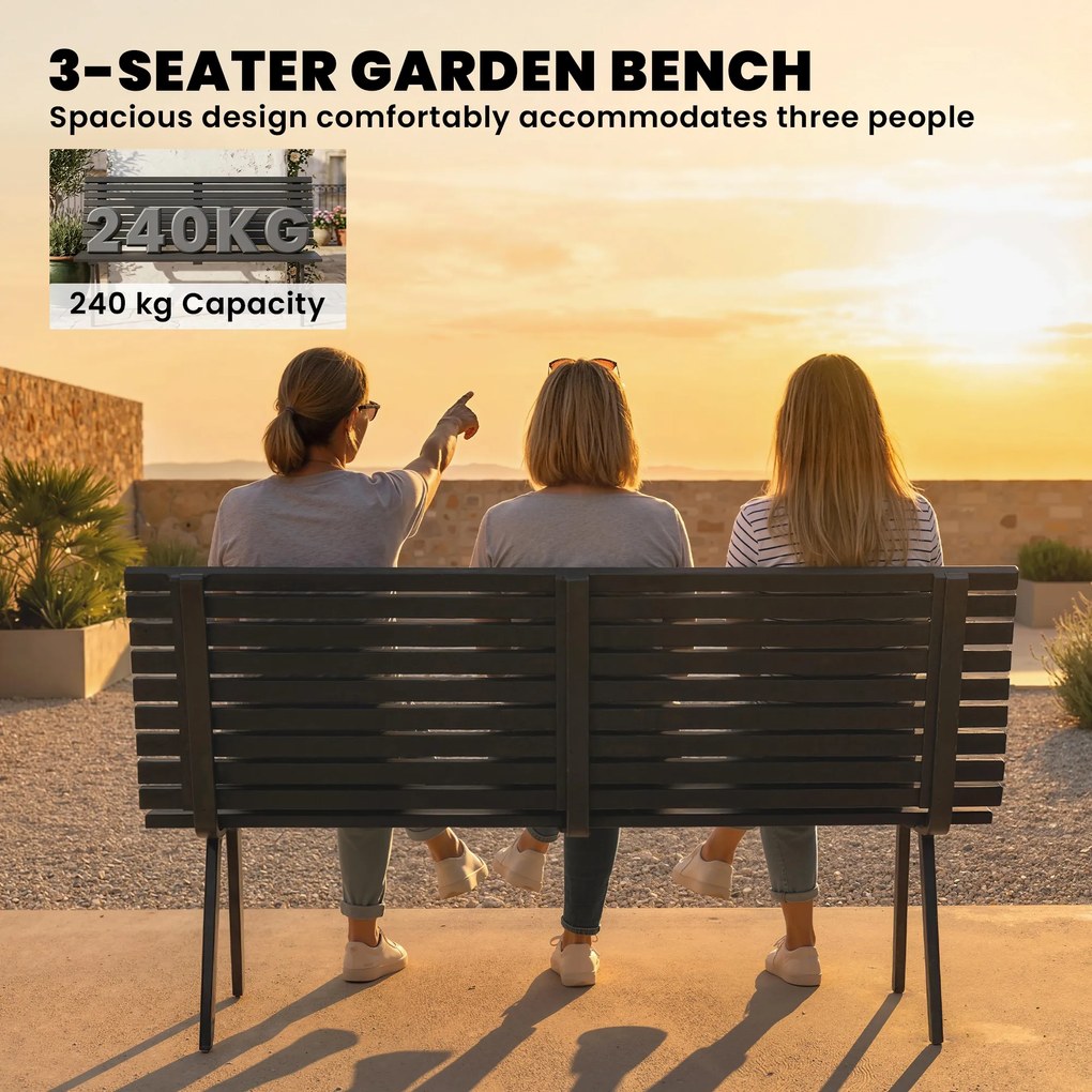 Outsunny Ławka ogrodowa 3-osobowa, odporna na warunki atmosferyczne, metalowa, z szerokim siedziskiem, lamelowy design, nośność 240 kg, 154 x 68 x 88 cm | Aosom PL