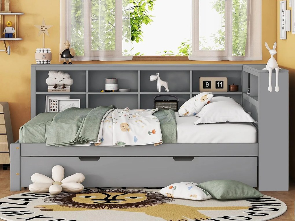 Łóżko banquette 140x200 cm z łóżkiem wysuwanym 90x190 cm - z USB i wieloma schowkami - z litego drewna - Szary