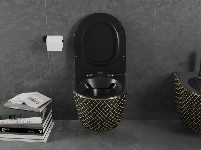 Mexen Lena miska wc Rimless z deską wolnoopadającą slim, duroplast, czarna mat/złota wzór kratka - 30224079