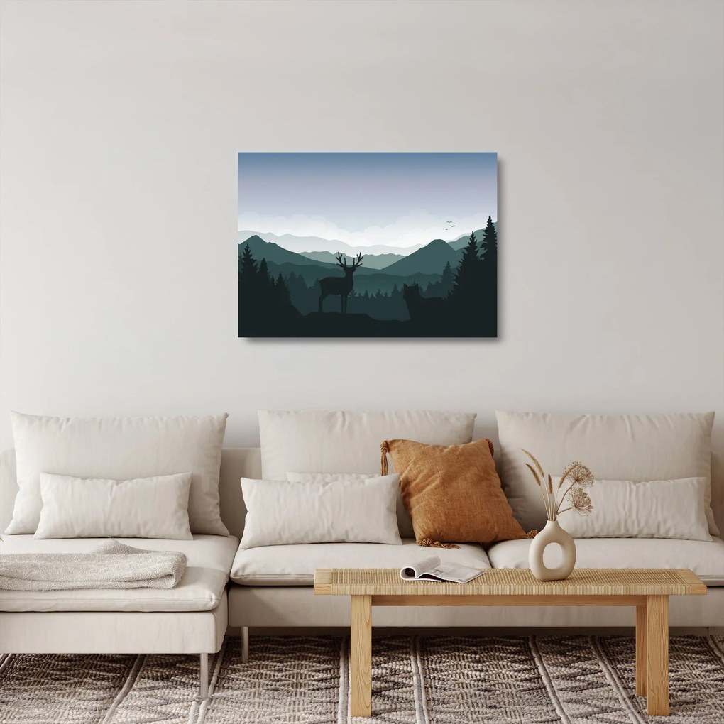 Obraz na szkle - Jeleń z wilkiem w skałach (70x50 cm)