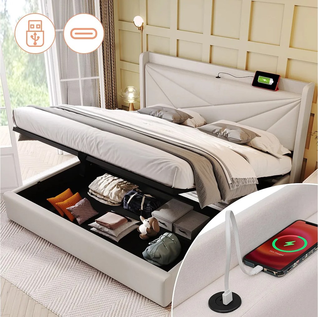 Łóżko ze schowkiem 160 x 200 cm - USB + typ C - tkanina lniana - beż