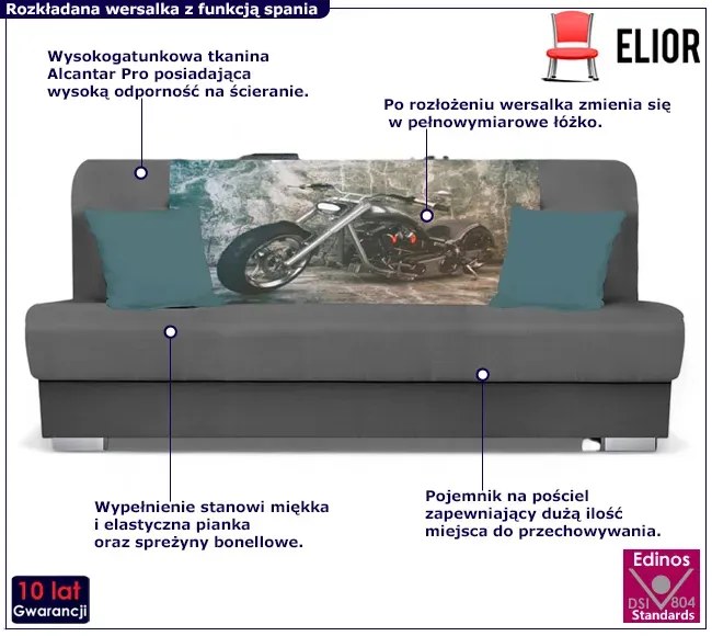 Szara wersalka z funkcja spania motor - Piovia 8X