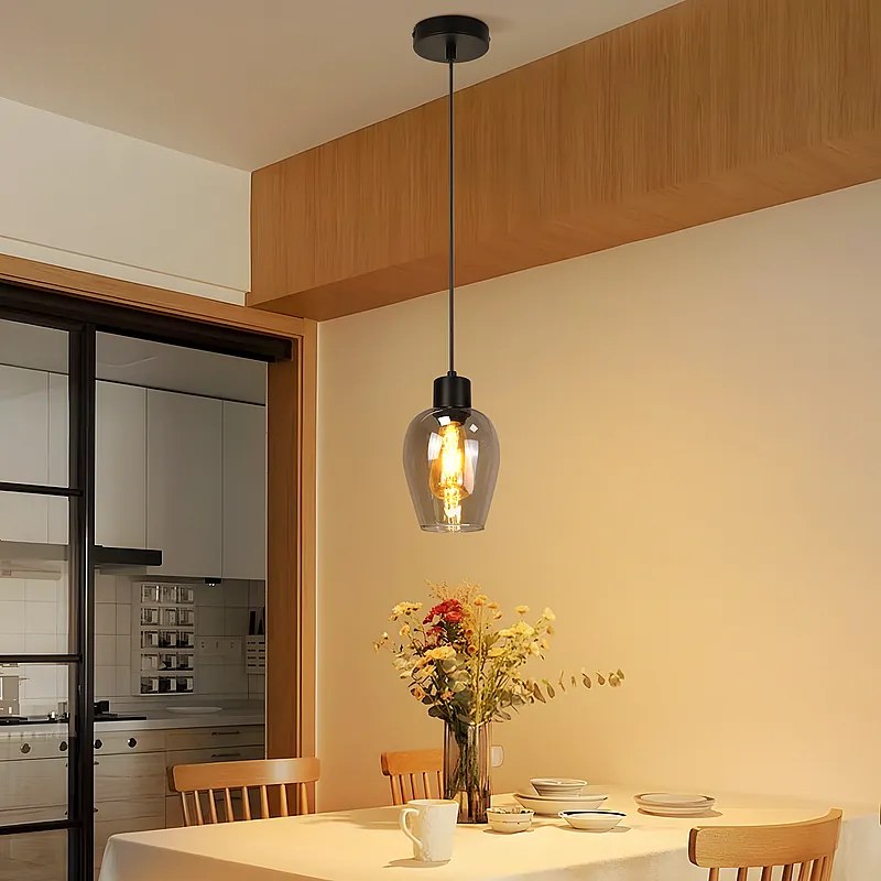 Czarna lampa wisząca Nettlife do jadalni - lampa wisząca E27 z jednym płomieniem, wykonana ze szkła w kolorze starego dymu