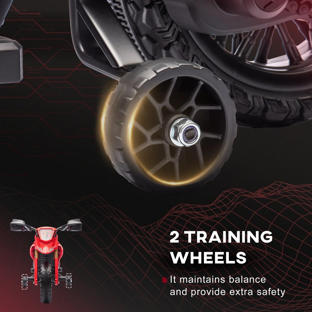 AIYAPLAY Motocykl Elektryczny dla Dzieci, Napęd 6V, Kółka Boczne, Klakson, Dźwięk Startu, 3-8 Lat, Czerwony