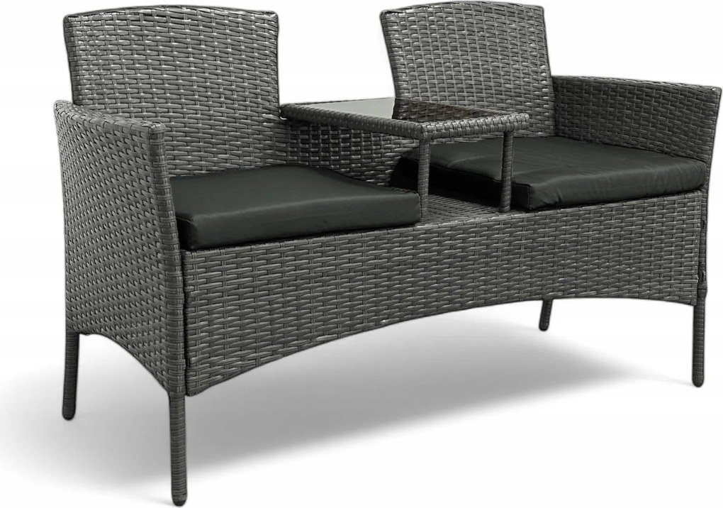 Meble ogrodowe Ratina, dwuosobowa sofa ze stolikiem, kolor szary, poduszki szare
