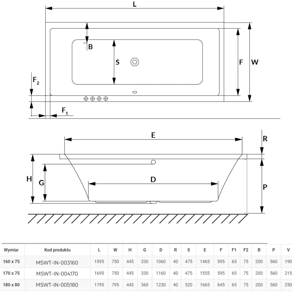 Wanna prostokątna biała do zabudowy odpływ na środku INDO | Różne rozmiary : Rozmiar - 180 x 80 cm