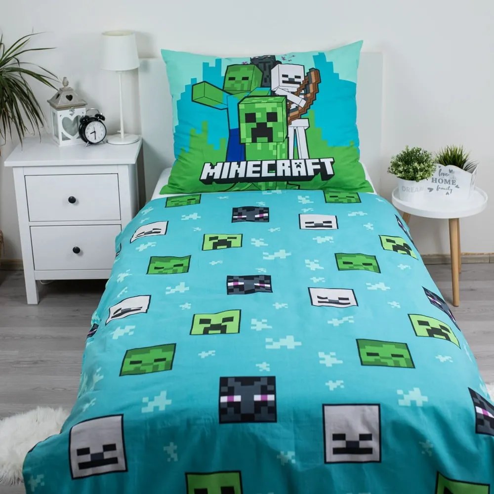 Zielono-niebieska bawełniana pościel dziecięca jednoosobowa 140x200 cm Minecraft "Mobs Here" – Jerry Fabrics