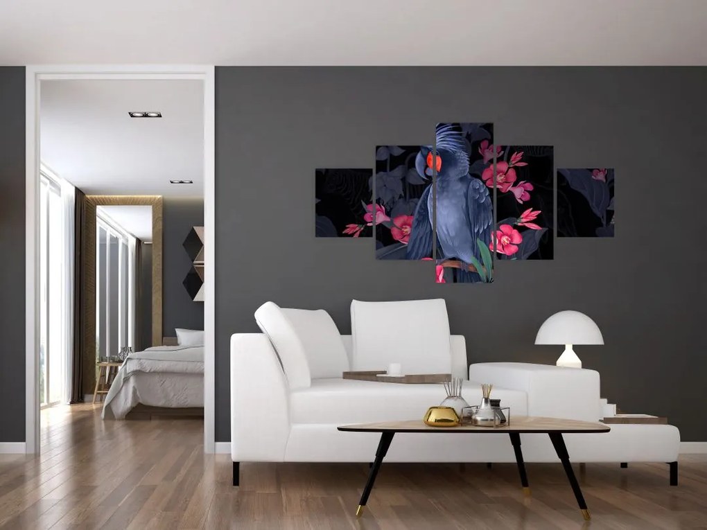Obraz - Papuga wśród kwiatów (125x70 cm)