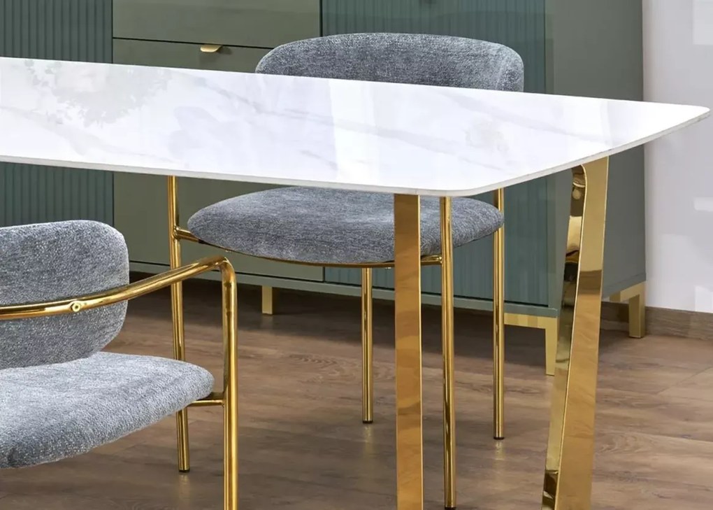 Elegancki stół Avignon 160x90 cm prostokątny blat ze spieku biały marmur i złote nogi