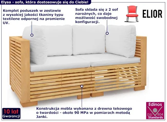 Drewniana modułowa sofa ogrodowa z kremowymi poduszkami - Elira