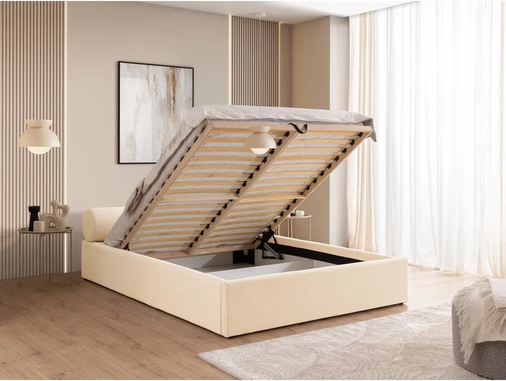 Kremowe tapicerowane łóżko dwuosobowe ze schowkiem i stelażem 200x200 cm Cille – Ropez
