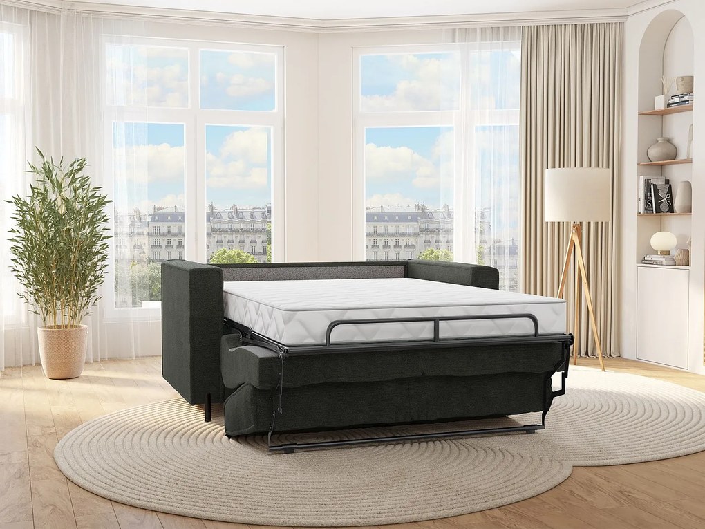 Kanapa 3-osobowa rozkładana typu express z zieloną teksturowaną tapicerką - Miejsce do spania 140 cm - Materac 14 cm - ELORYA