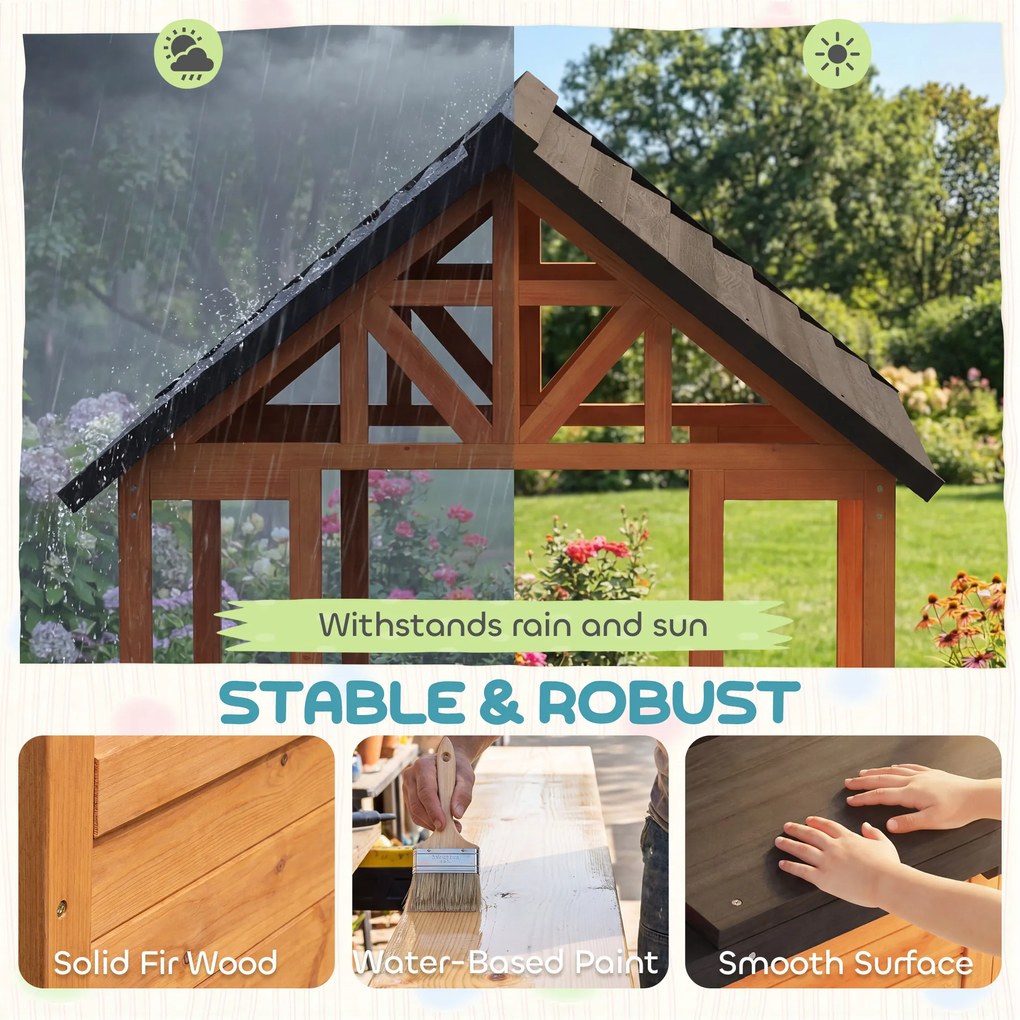AIYAPLAY Domek ogrodowy z drewna dla dzieci z ławkami, stołem, zlewem, oknem, stojakiem na doniczki dla dzieci w wieku 3-8 lat, jasnobrązowy | Aosom PL