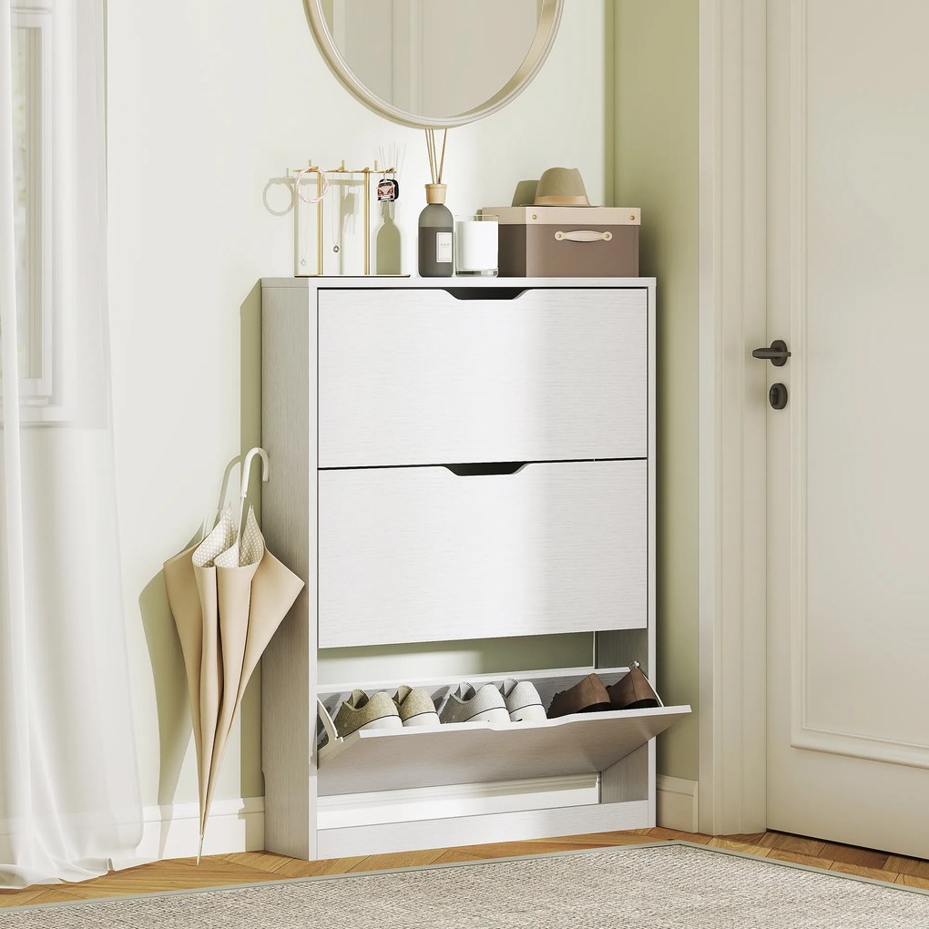 HOMCOM Szafka na buty z 3 składanymi szufladami, na do 12 par butów, Płyta wiórowa, 80 x 17 x 108 cm, Biały