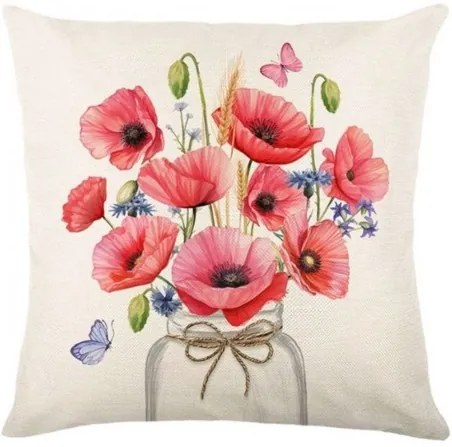 Lniana poszewka na poduszkę POPPY FLOWERS 45x45 cm, beżowa