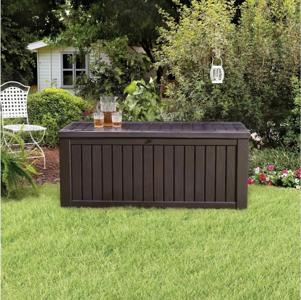 Kufer ogrodowy z żywicy "Rock" z efektem drewna, pojemny 155x72,4 cm 64,4h