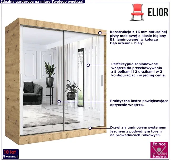 Szafa przesuwna z lustrem 180 cm dąb artisan + biały - Kukkin 5X