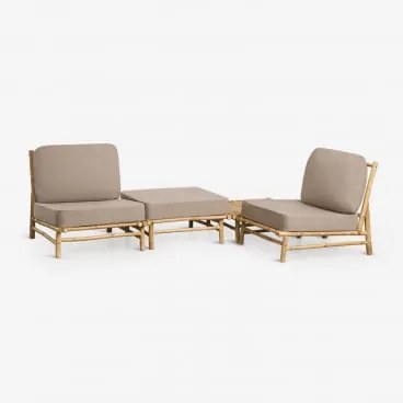 Zestaw Ogrodowy Z 2 Fotelami, Pufem I Kwadratowym Stolikiem Kawowym 75x75 Cm Z Bambusa Isendra Tkanina W Kolorze Mokki W Kolorze Brązowym - Sklum