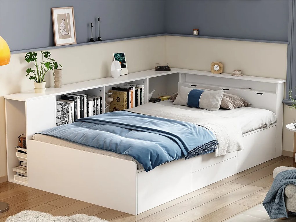 Łóżko pojedyncze 90x200cm z litego drewna - z wielofunkcyjnymi schowkami - Białe